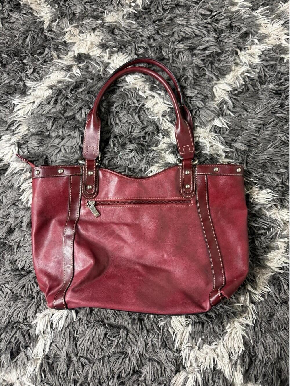 Rina Rich Burgundy Red Faux Leather Trim Shoulder Bag Tote Handbag Purse